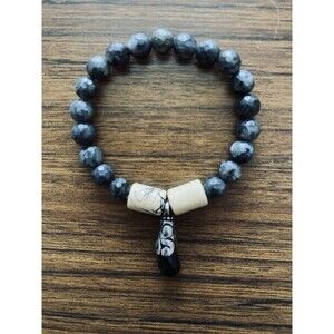 Faceted Larvikite Black Labradorite Stretch Bracelet with Pendant Charm Boho
